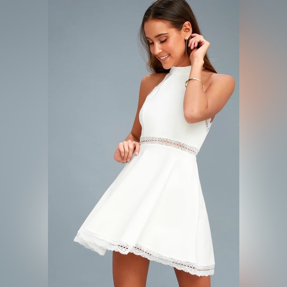 Lulus Reach Out My Hand White Lace Skater Halter Mini Dress XL - Picture 4 of 12